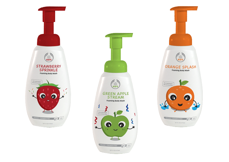 The Body Shop foam soap packaging with illustrated fruit