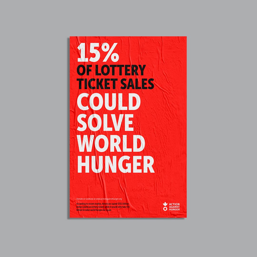 Poster reads '15% of lottery sales could solve world hunger'
